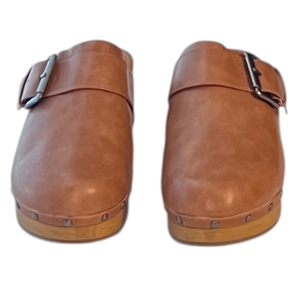 Universal Thread‎ Tan Brown Leather Clogs Women's Size 9 Block Heel Buckle Mules - Picture 4 of 12